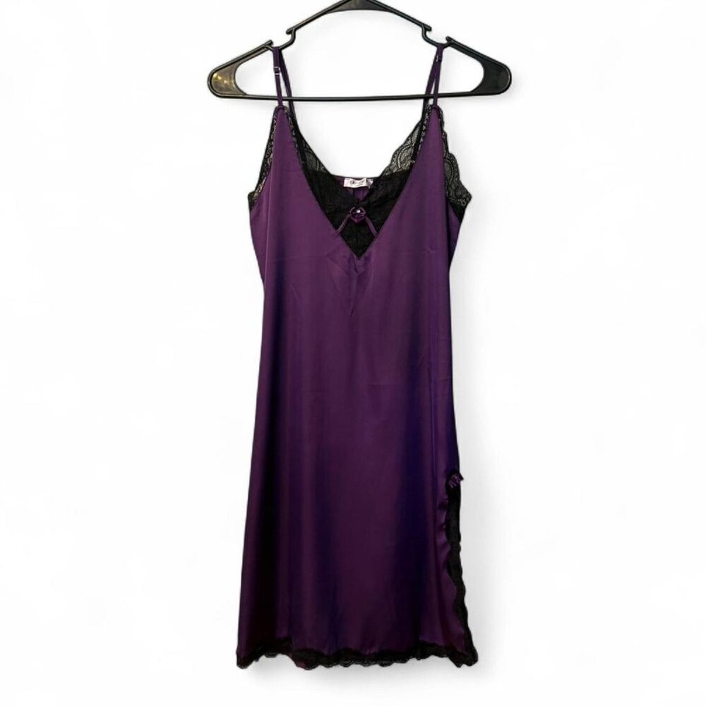EKOUAER Purple and Black Satin Lace Spaghetti Strap Tank Lingerie Mini Dress